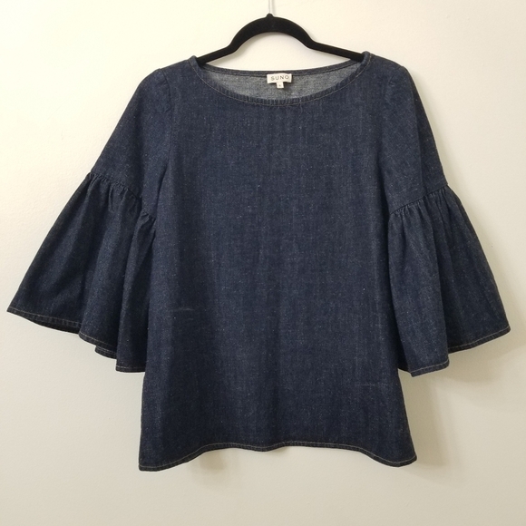 {4} SUNO Denim Trumpet Bell Flared Sleeve Top Gilt Group - Picture 2 of 8